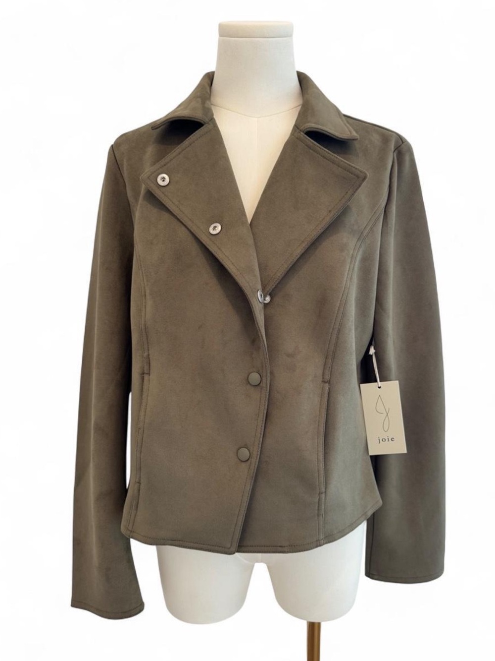NWT, Large Joie Olive Suede-Look Asymmetrical Jacket. Snap closure